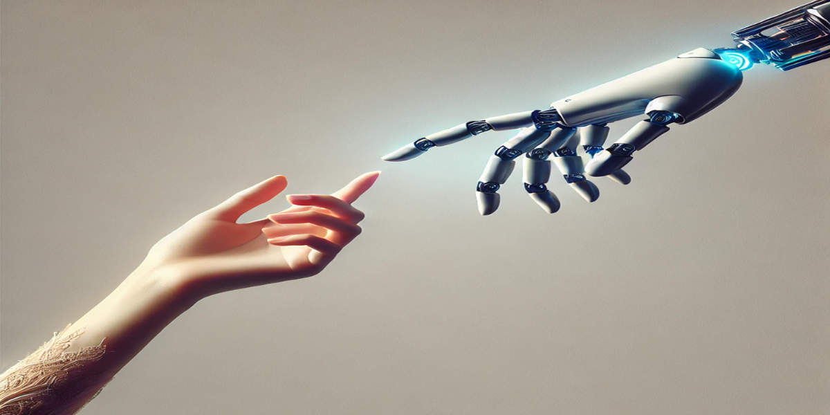 A human hand reaching out for a bionic hand in the style of Michelangelo's The Creation of Adam A human hand reaching out for a bionic hand in the style of Michelangelo's The Creation of Adam