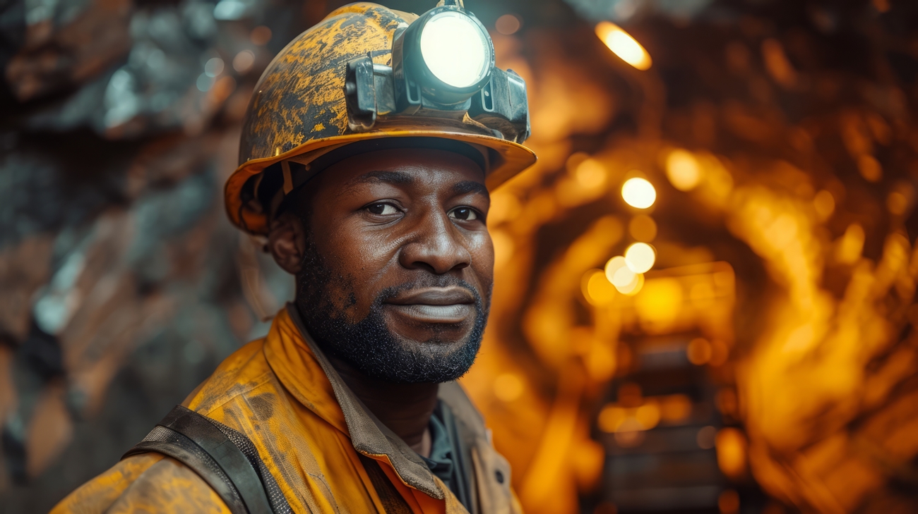 Mine worker, standing inside mine tunnel, wearing dirty work clothes and hard hat with a light on