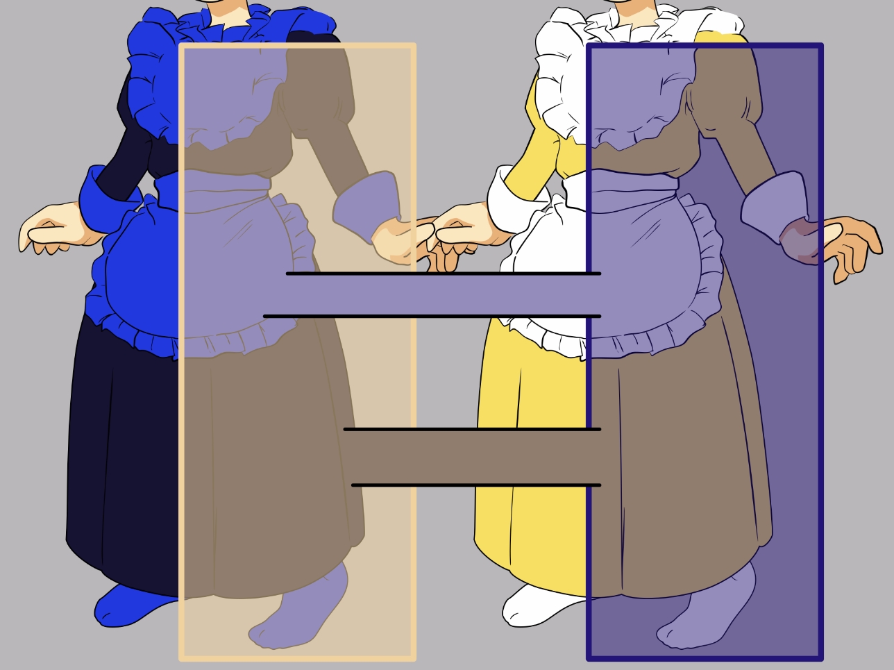 Wikipe-tan wearing a version of "The dress". The dress can be interpreted in two ways: black and blue under a yellow-tinted illumination (left figure) or gold and white under a blue-tinted illumination (right figure).